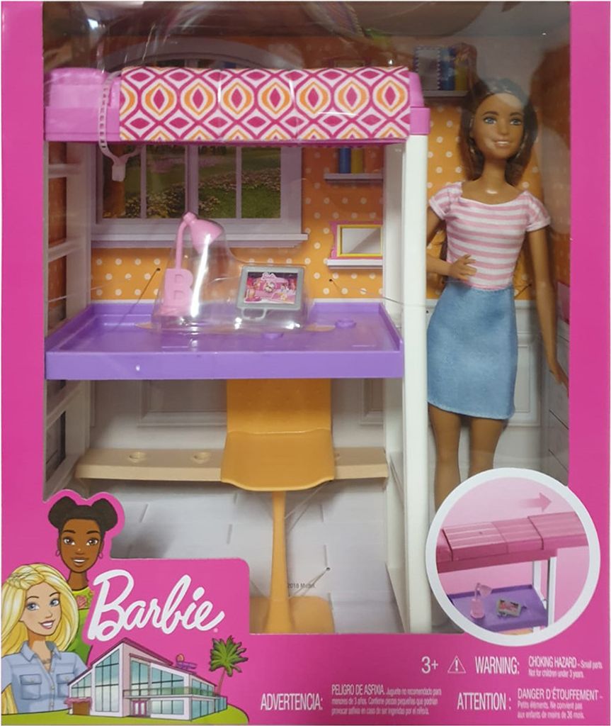 Product packaging for a Barbie doll set featuring a bunk bed and desk.