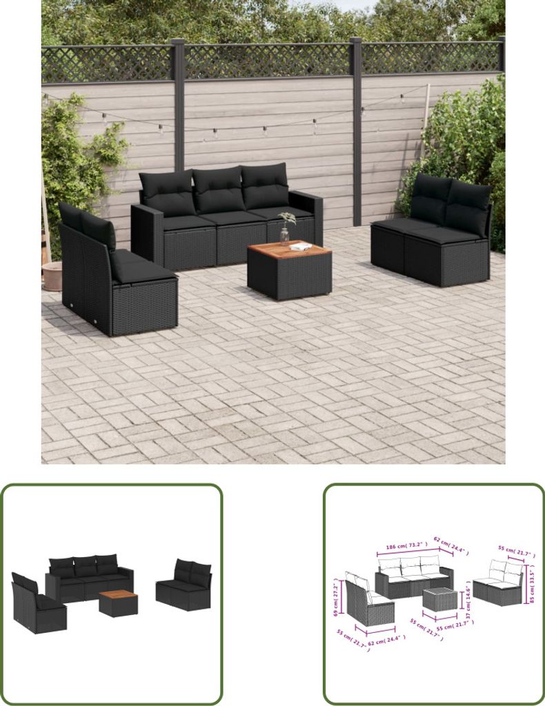 The Living Store 8-tlg. Garten-Sofagarnitur mit Kissen Schwarz Poly Rattan