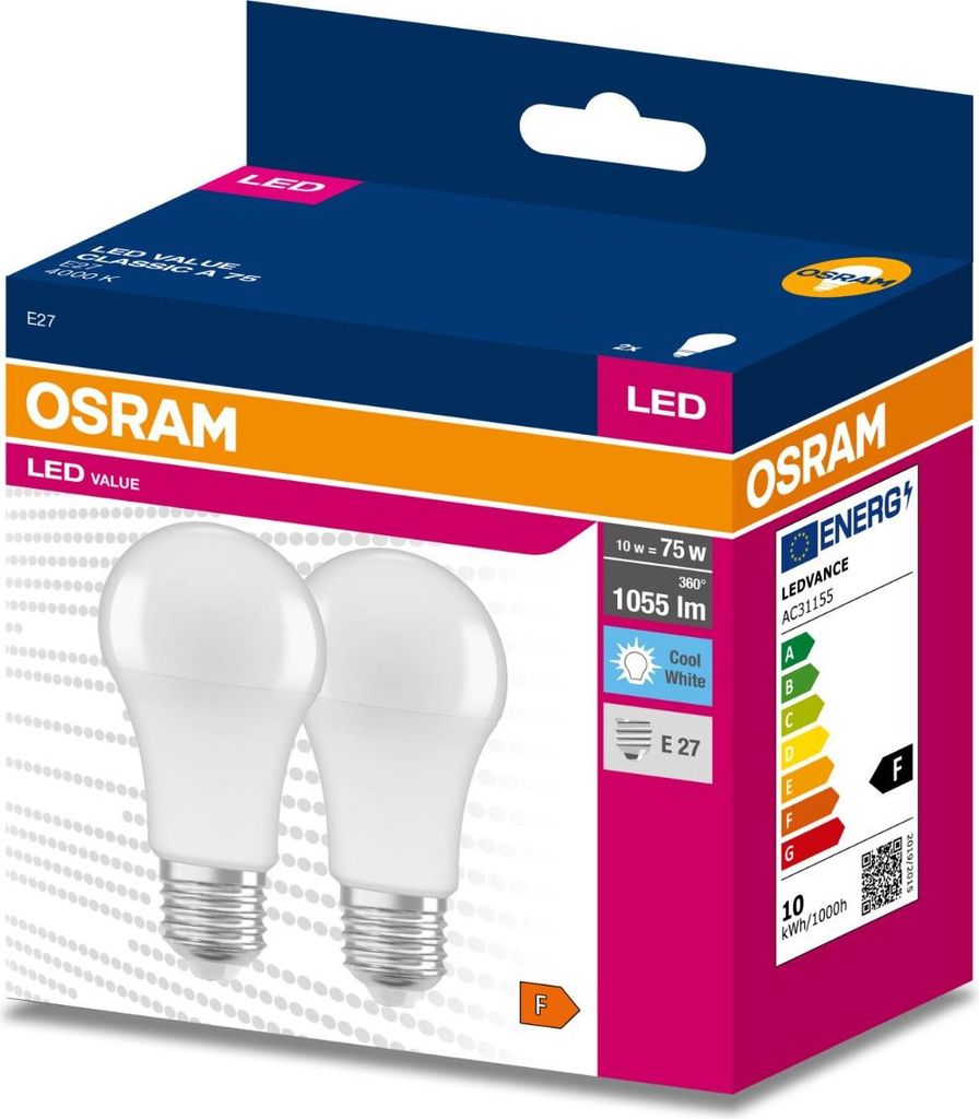 2PAK LED-Glhbirne E27 A60 10W = 75W 1055lm 4000K Neutral 200 OSRAM VALUE