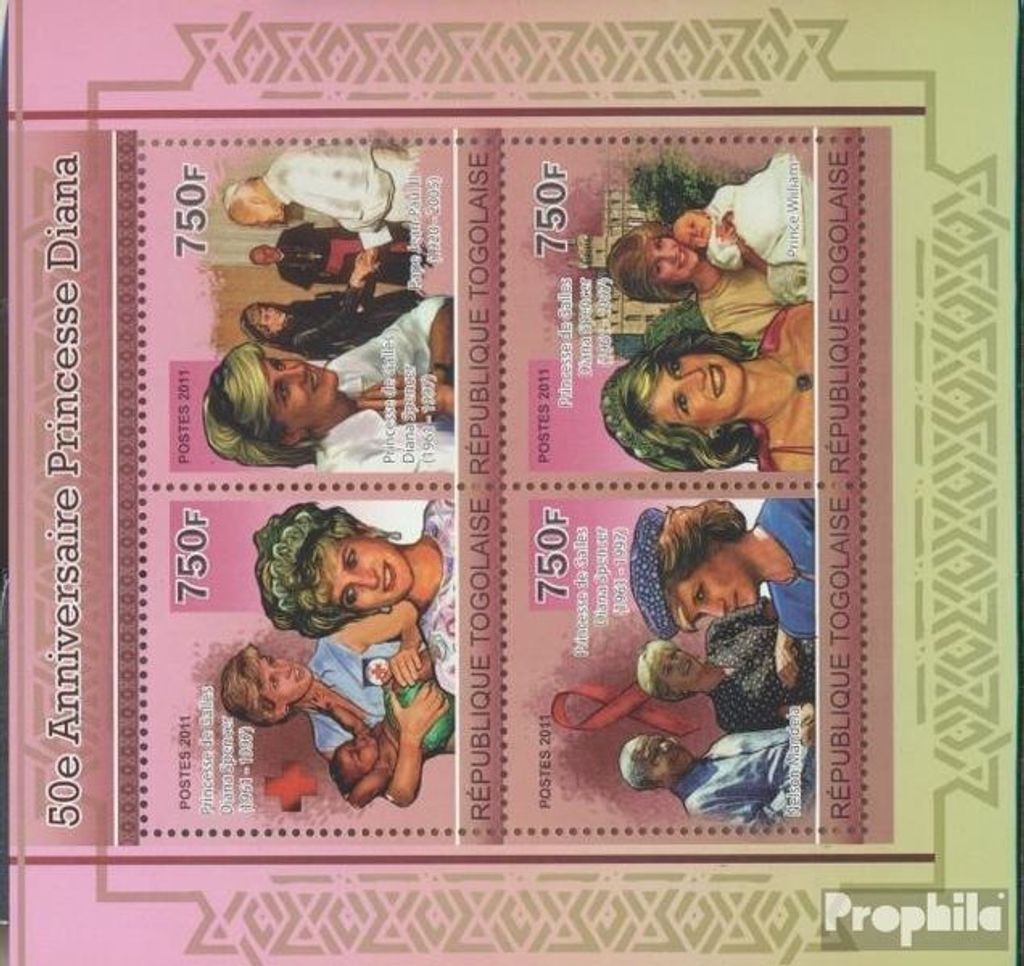 Briefmarken Togo 2011 Mi 3939-3942 Kleinbogen (kompl. Ausgabe) postfrisch 50. Jahrestag von Prinzessin Diana