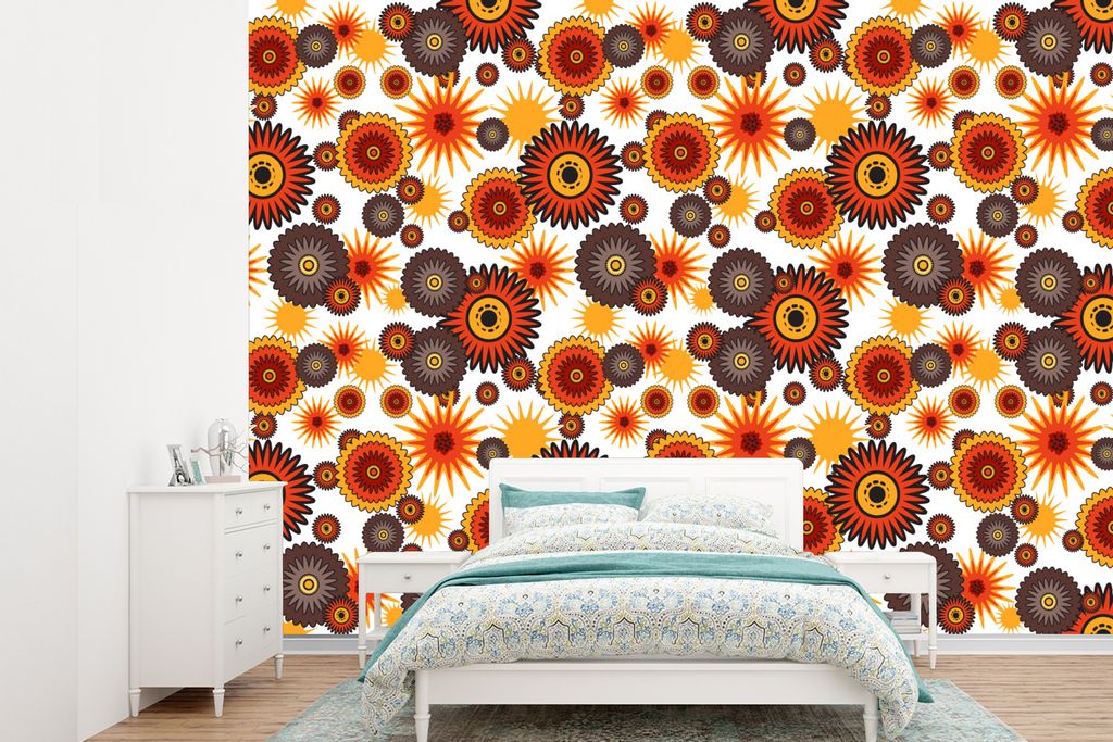 MuchoWow Fototapete für Wohnzimmer oder Schlafzimmer Wandtapete Vinyl Motivtapete Design - Retro - Orange - Blumen - 330x240 cm - Vinyltapete