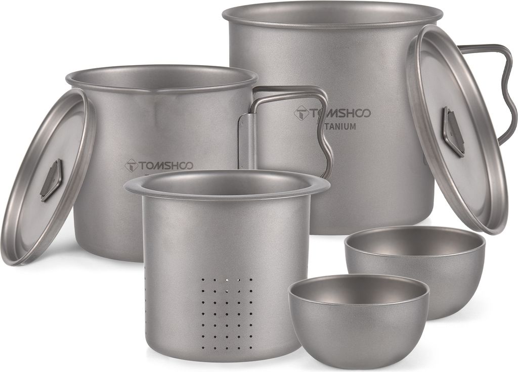 TOMSHOO Titan-Teetassen-Set mit Sieb, leichte, stapelbare Wasser-Kaffeetasse mit Deckel und klappbaren Griffen fuer Outdoor-Camping, Wandern, Rucks...
