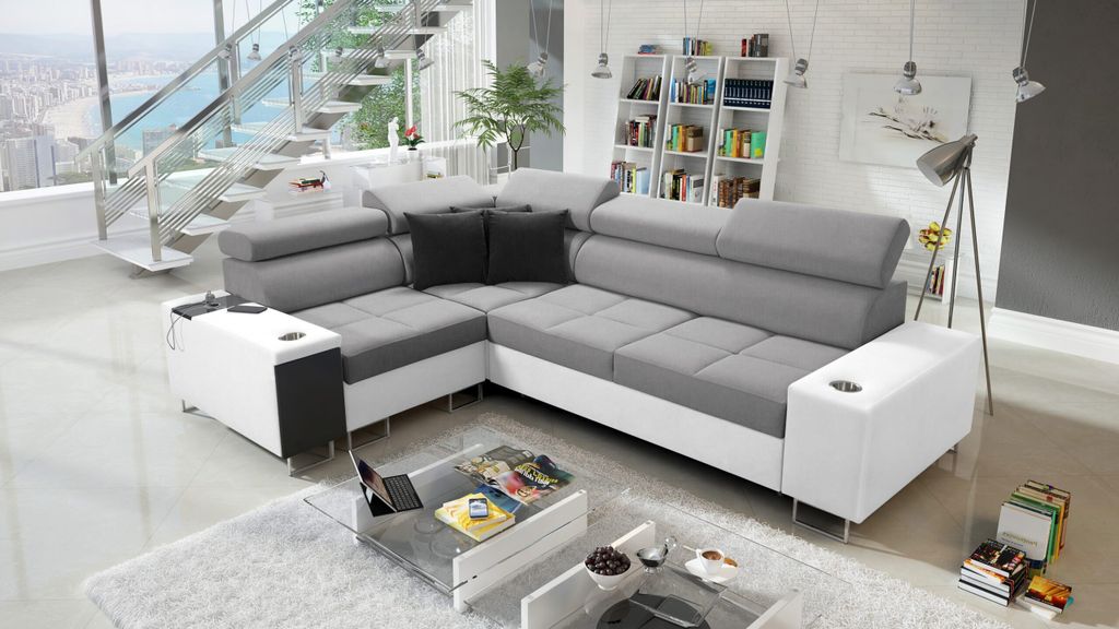 Kaiser Möbel Elegantes Ecksofa mit Konsole und Ladegerät MORENA II Kunstleder/Sawana Weiß/Grau Rechts