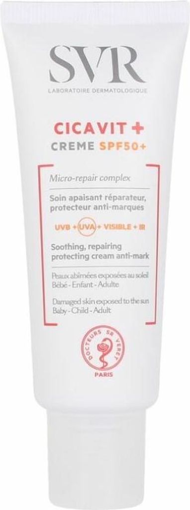 A white tube of SVR Cicavit+ Creme SPF50+ is shown against a white background.