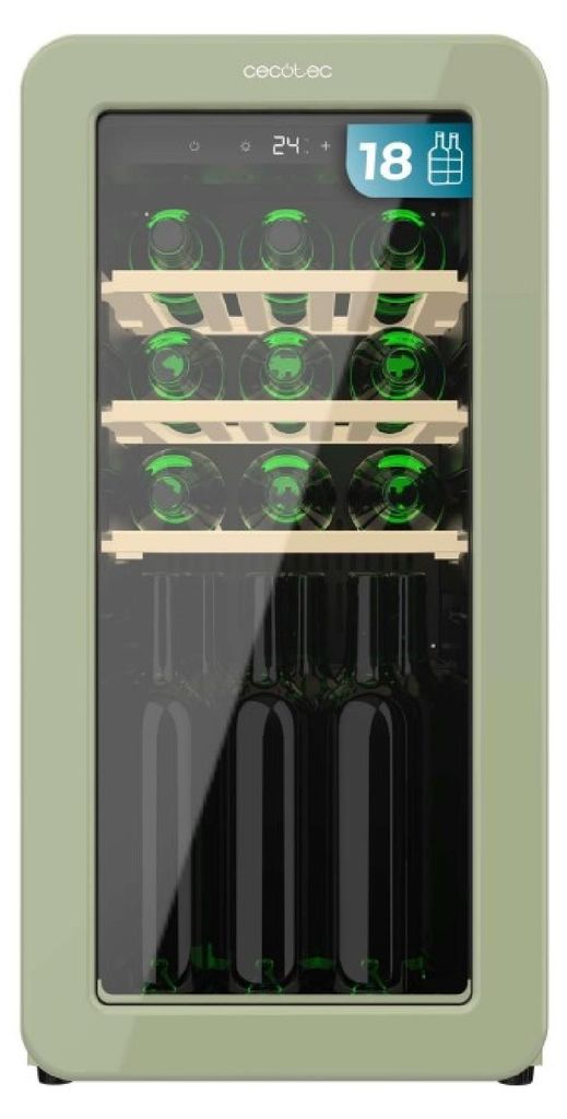 Cecotec Bolero GrandSommelier Origin 18 Hit Green, Weinkühler mit Kompressor, Freistehend, 18 Flasche(n), F, Innenbeleuchtung, Grün