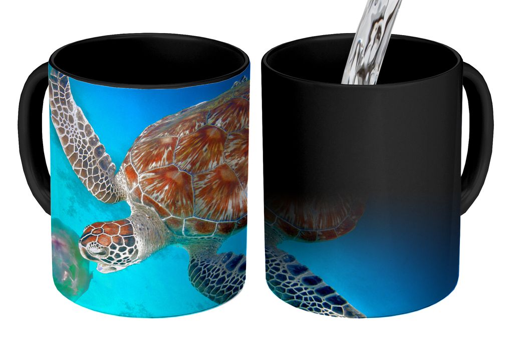 KitchenYeah Zauber Tasse Zaubertasse Magic Grüne Schildkröte mit Qualle 350 ml Farbwechsel Becher Geschenk Geschenkidee - Magic-Tasse - Fototas...