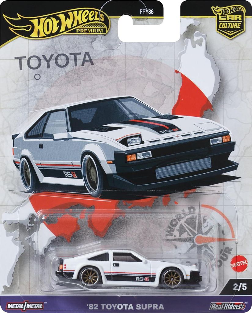 A Hot Wheels Premium Car Culture collectible toy car packaging featuring a 1982 Toyota Supra.