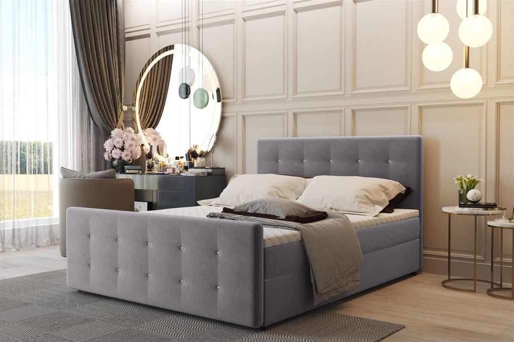 Boxspringbett Schlafzimmerbett CARLOS 200x200cm Stoff Soro Hellgrau inkl.Bettkasten