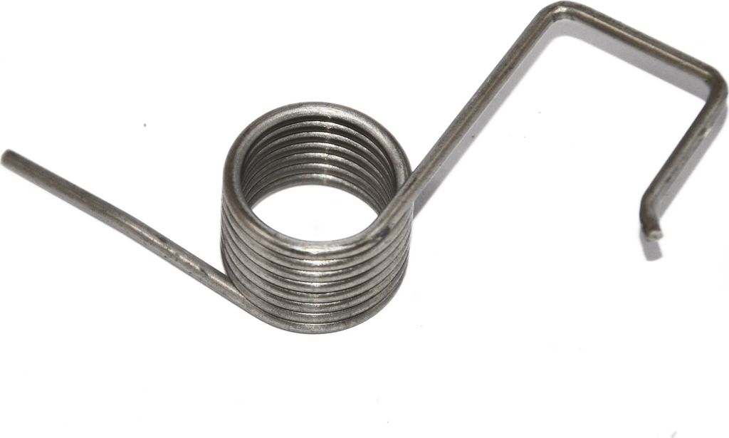 A single metal spring with a coiled section and two arms, one straight and one bent into a U-shape, isolated on a white background.