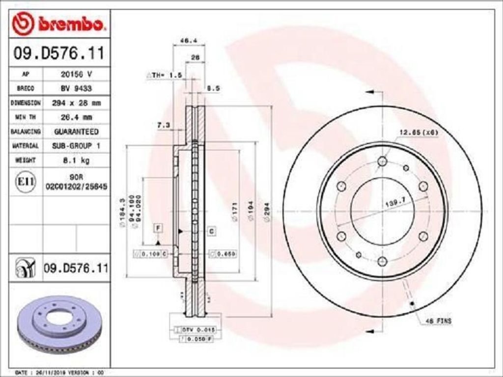 Brembo Bremsscheibe 294mm Außendurchmesser 28mm Dicke innenbelüftet beschichtet 6-Loch