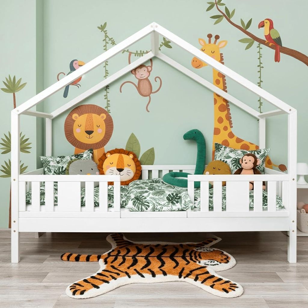 MEBLE WRÓBEL Kinderbett 80x180 cm – Bett mit Rausfallschutz & Lattenrost - Hausbett aus Kiefer Weiß - Kleinkindbett für Jungen & Mädchen - St...