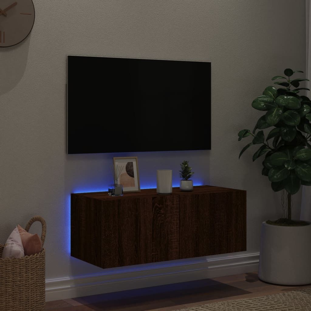 "2026 Aktion"TV-Board - Fernsehtisch - TV-Tisch/TV-Wandschrank Skandinavisch - CLORIS - Fernsehenschrank -mit LED-Leuchten Braun Eichen-Optik 80x35...