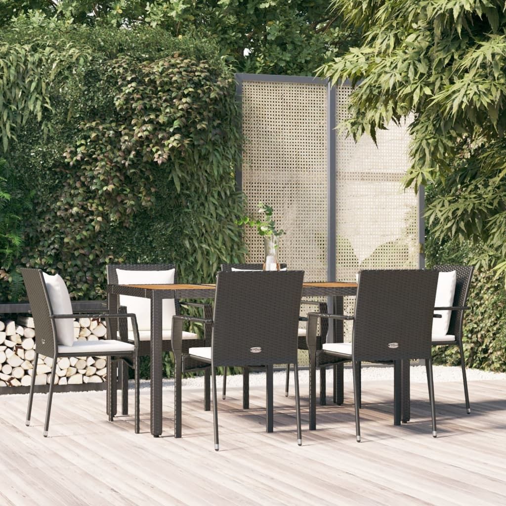 "Rabatt" 7-tlg. Garten-Essgruppe - mit tishe & Stuhl - mit Kissen Schwarz Poly Rattan - Lounge-Dining set CC7793