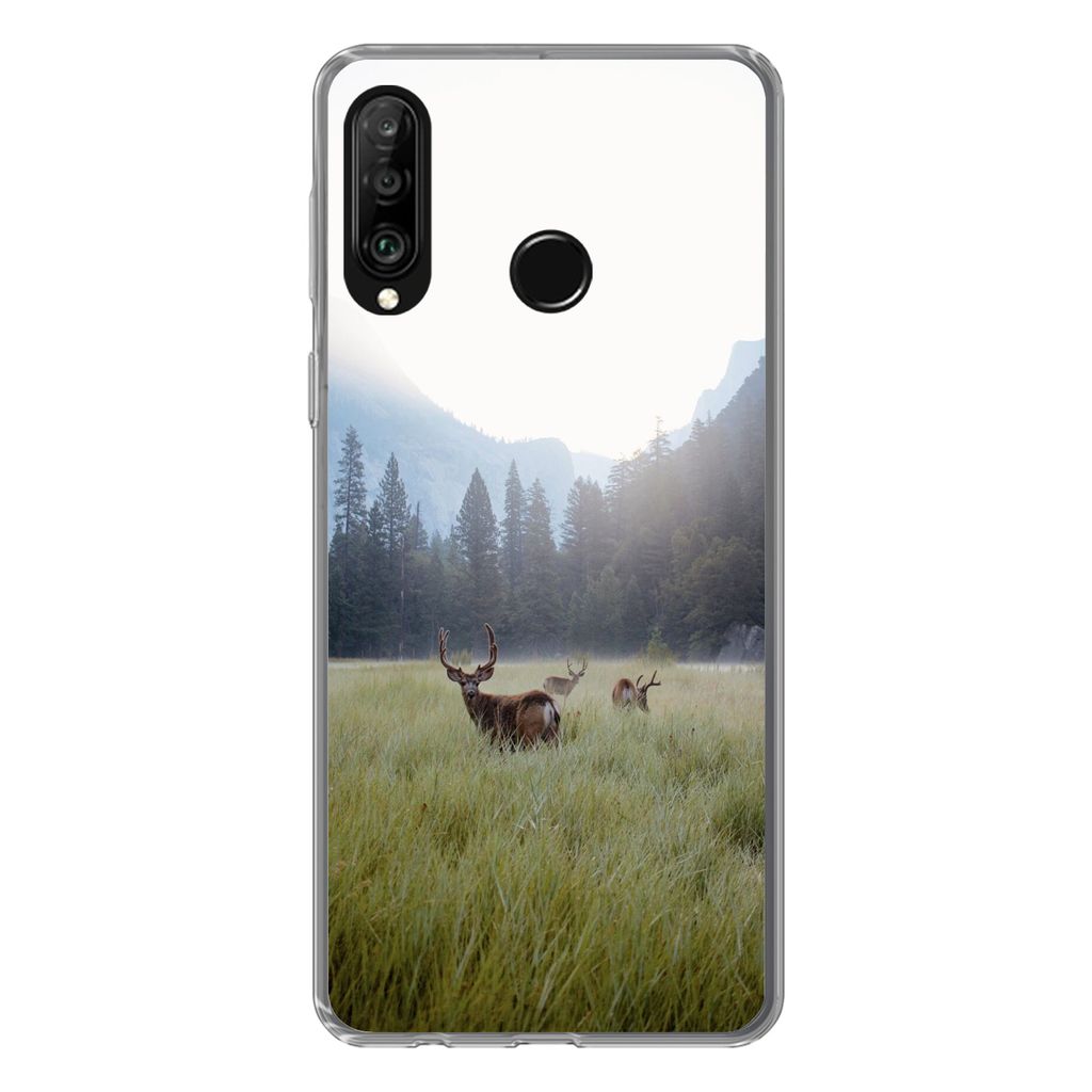 MuchoWow Handyhülle Schutzhülle Hülle für Huawei P30 Lite Wald - Hirsche - Nebel Silikon Softcase Handy Hülle - Handyhülle