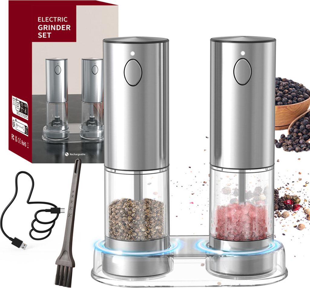 Pfeffermühle Salz und Pfeffermühle Elektrisch mit Basis,Wiederaufladbare USB Automatischer Betrieb Salzmühle,Edelstahl-Einhand-Küchenhelfermühle