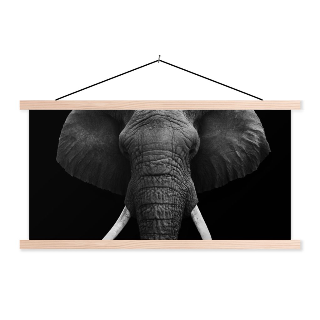 MuchoWow Textilposter Elefant - Wildtiere - Schwarz - Weiß - Porträt 120x60 cm mit holzfarbenen Rahmen - Klemmleiste