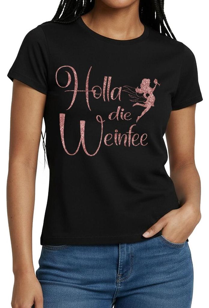 Spreadshirt Holla Die Weinfee Fake-Glitzer Frauen T-Shirt, S, Schwarz