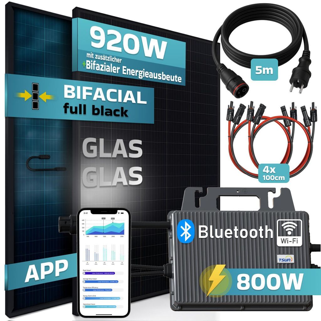 SUNNIVA 920W Balkonkraftwerk BIFAZIAL FULLBLACK komplett Steckdose TSUN 800W Wechselrichter, PV Solaranlage, 5m Kabel, Bluetooth WIFI