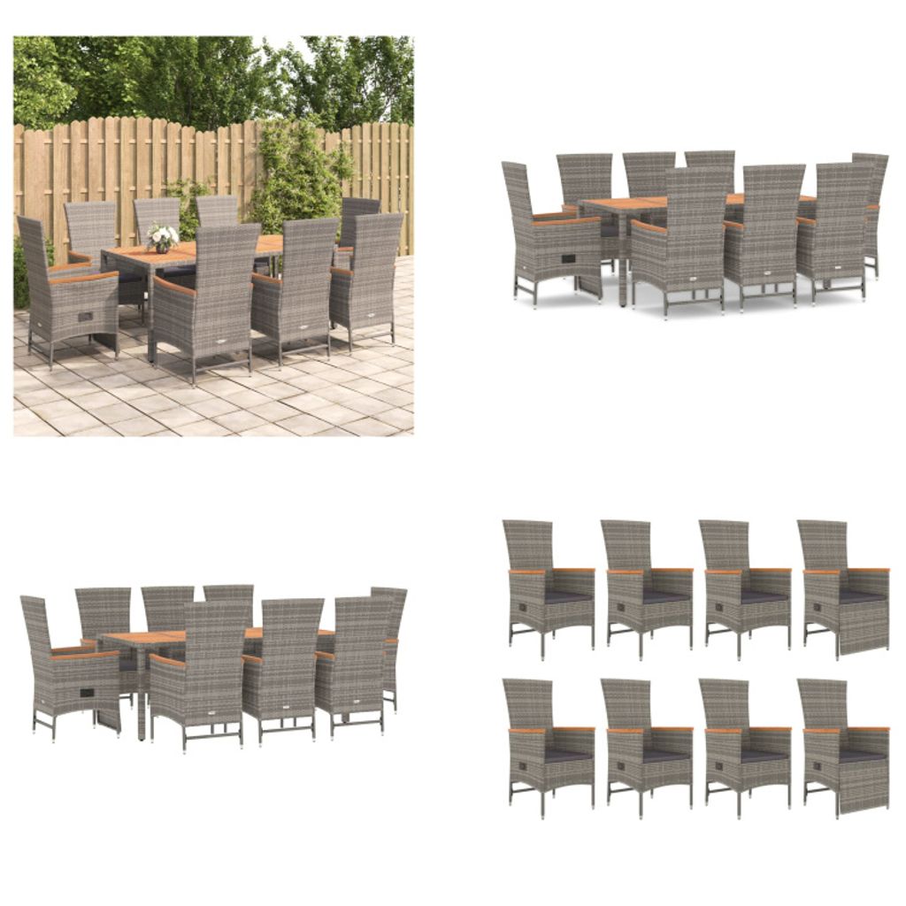 vidaXL 9 tlg. Garten Essgruppe mit Kissen Grau Poly Rattan Produktbild 