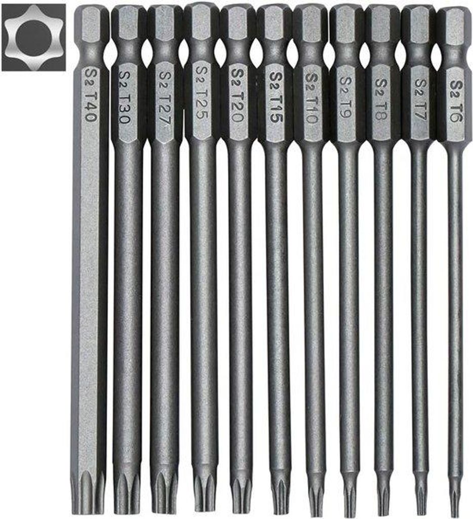 Torx-Schraubendrehsatz - 11-teilig - S2-Stahl - 100mm - mit Sicherheitskopf - 6-Edelstahl-Schrauben - T6-T40