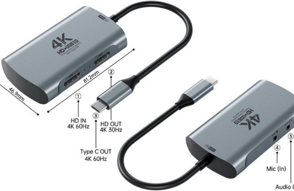 INF 4K HDMI zu USB-C Video Capture Card Aluminium 8.12cm x 4.69cm x 1.63cm für Streaming