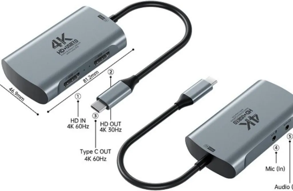 Convertisseur HDMI vers USB-C 4K avec prise micro pour capture vidéo