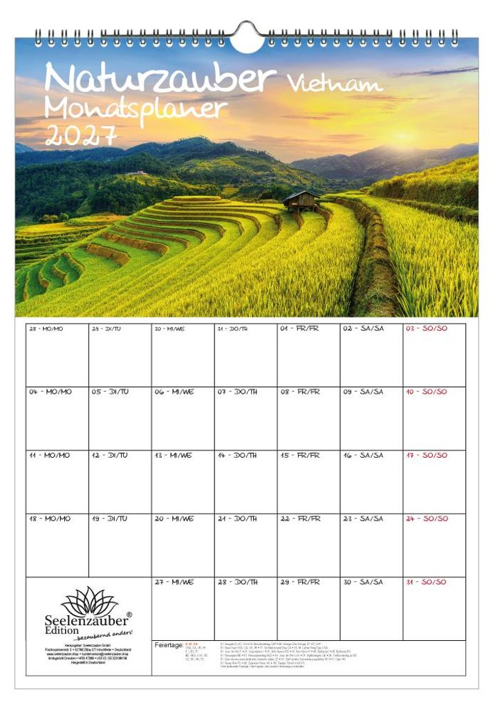 Naturzauber Vietnam Planer DIN A3 Kalender für 2027 Landschaft Natur Land - Set-Inhalt: 1x Kalender 1x Weihnachtsanhänger 1x Grußanhänger (gesa...