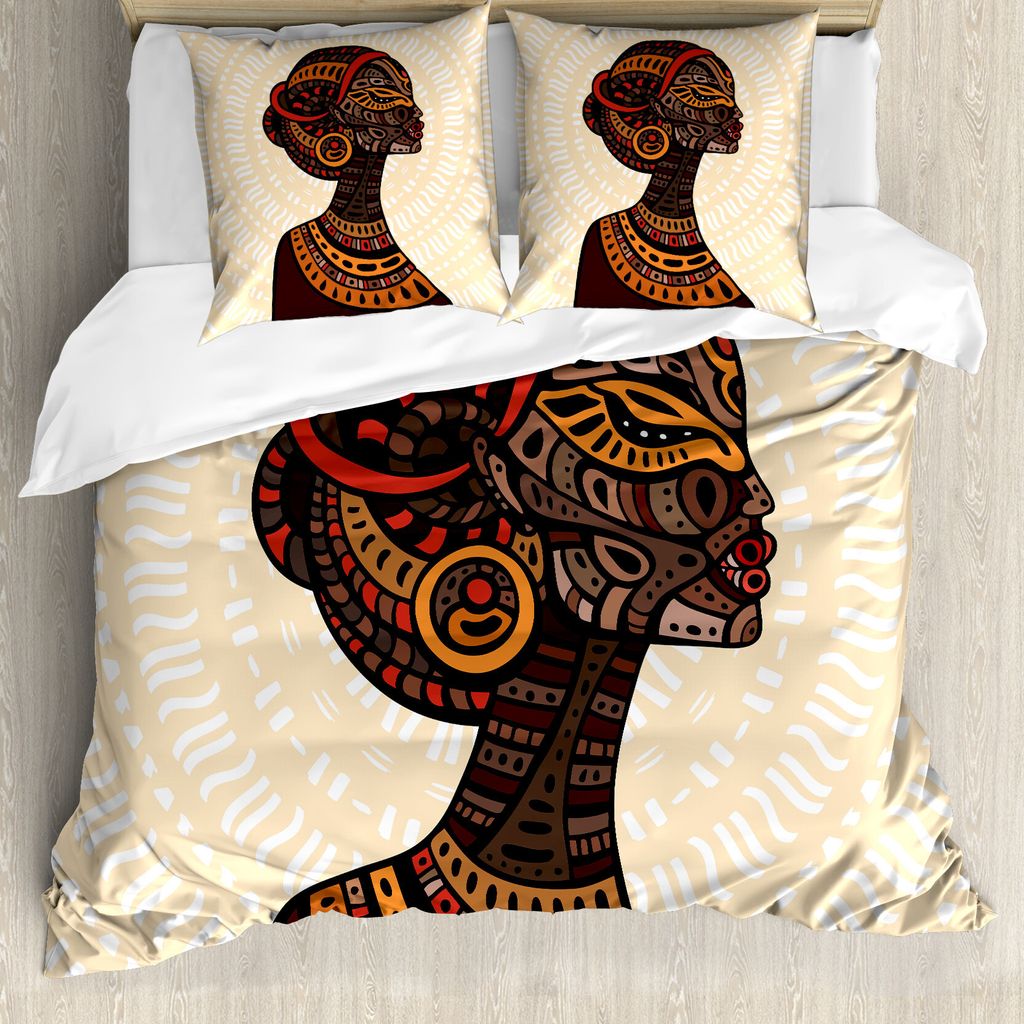ABAKUHAUS afrikanisch Bettbezug, Portrait Volkskunst, Milbensicher Allergiker geeignet mit Kissenbezügen, 155 cm x 220 cm - 80 x 80 cm, Mehrfarbig