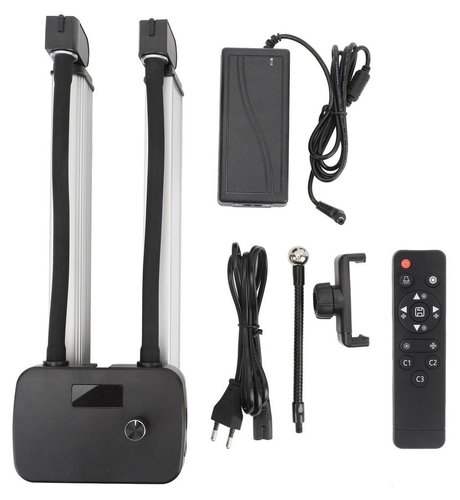 LED-Videoleuchte, 45 W, 3000 K bis 6500 K, dimmbar, USB, flexible Doppelarme, Füllung mit Telefonhalter für Fotografie, Live-Streaming