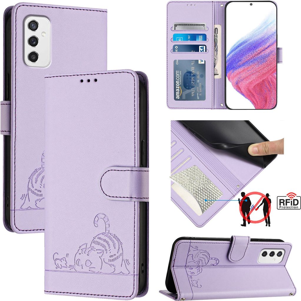Leder Hülle für Samsung Galaxy M52 5G Süße Katze Flip Case Brieftasche Schutzhülle mit Standfunktion Lila