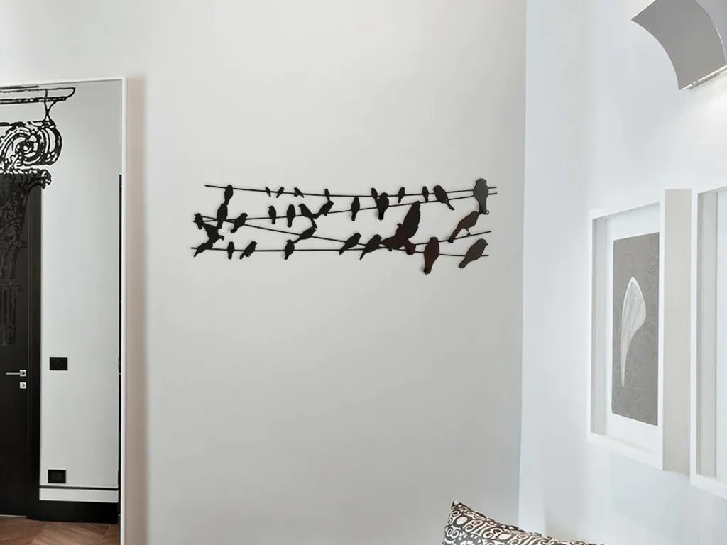 Art For The Home Decorazione Da Parete In Metallo, Uccellini Su Filo, Nero/naturale, 60x13 Cm, Arte Murale Moderna