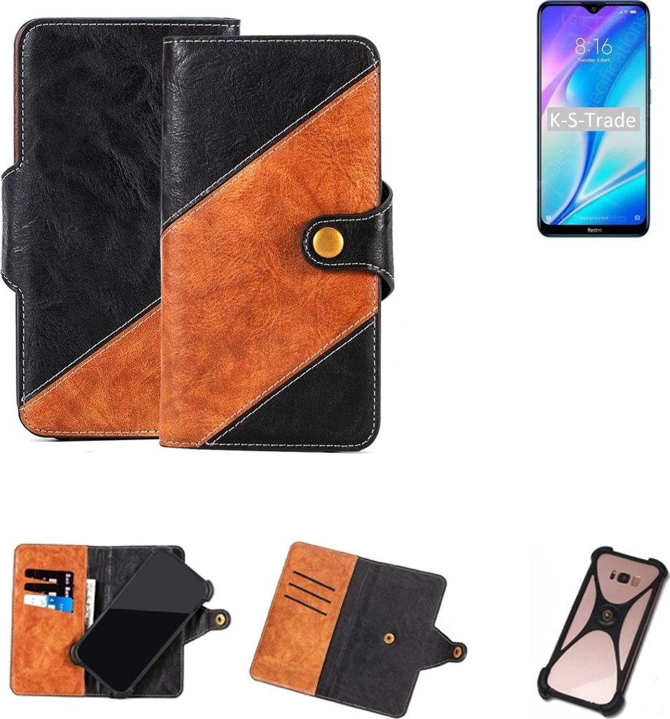 K-S-Trade Handyhülle Schutzhülle Bookstyle Case Wallet-Case kompatibel mit Xiaomi Redmi 9C Handy Cover Bumper Klapphülle schwarz hellbraun 1x