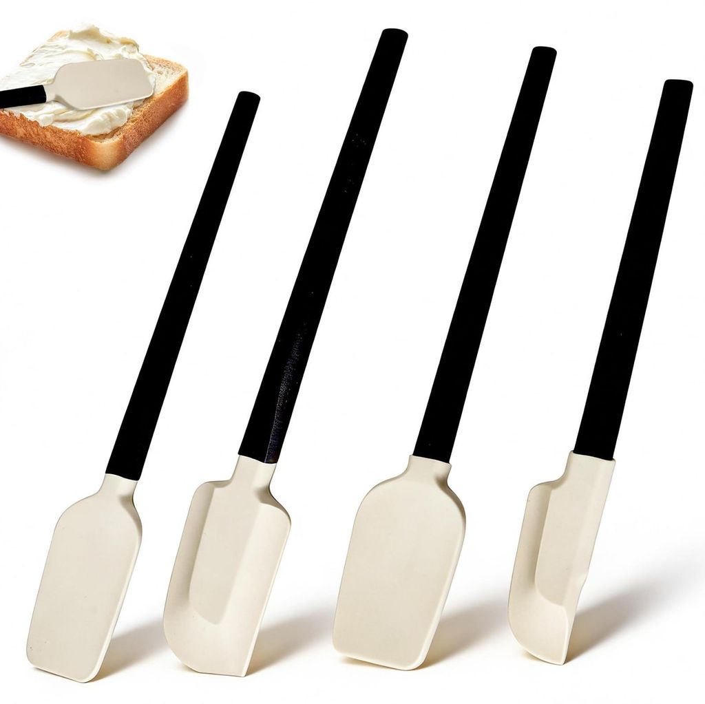 Silikon-Teigschaber, 4 Stück, mit Holzgriff, BPA-frei, schmal, antihaftbeschichtet, zum Backen, Mischen und Kochen