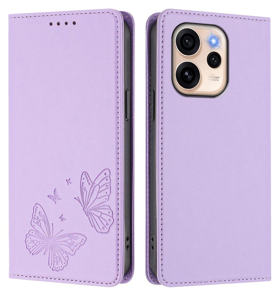 Lederhülle für Oppo Reno15 F, Schmetterling Prägung Leder Brieftasche Schutzhülle mit Ständer Violett