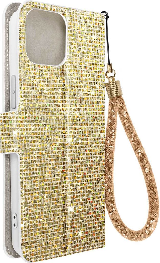 Apple iPhone 15 Plus Glitter Disco Wallet Cover Standfunktion, Gold