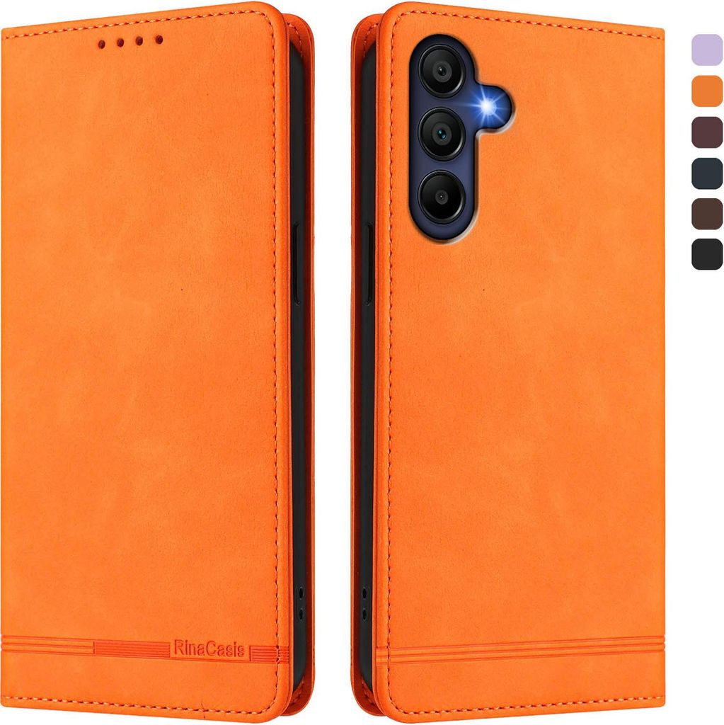 A product shot of an orange flip-style phone case, shown from both the front and back.