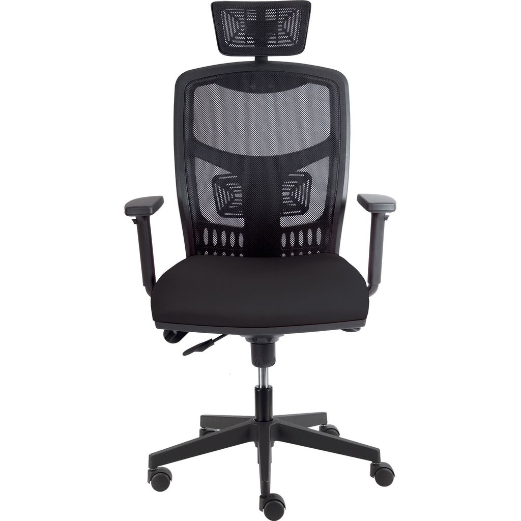 A black office chair with a headrest, shown from the front on a white background.