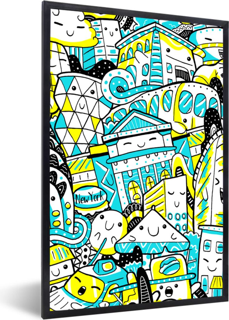 MuchoWow MuchoWow Gerahmtes Poster New York - Gelb - Zeichnung 60x90 cm - Poster mit zchwarzem Bilderrahmen - Kunst