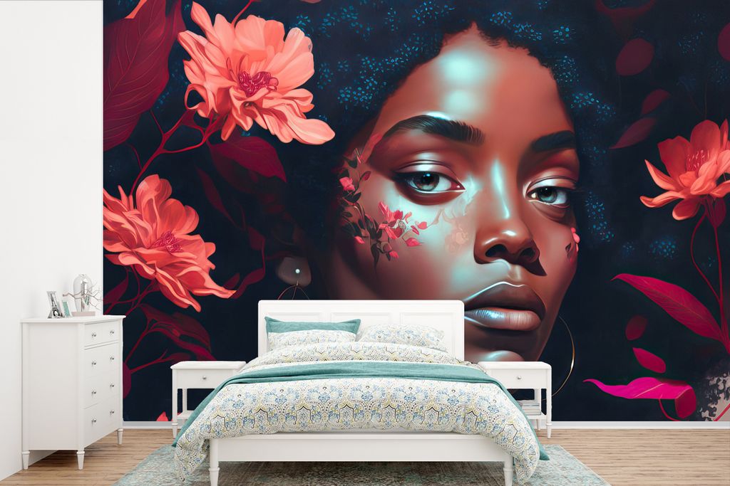 MuchoWow Fototapete für Wohnzimmer oder Schlafzimmer Wandtapete Vinyl Motivtapete Blumen - Frau - Porträt - Illustration - 600x400 cm - Vinylta...