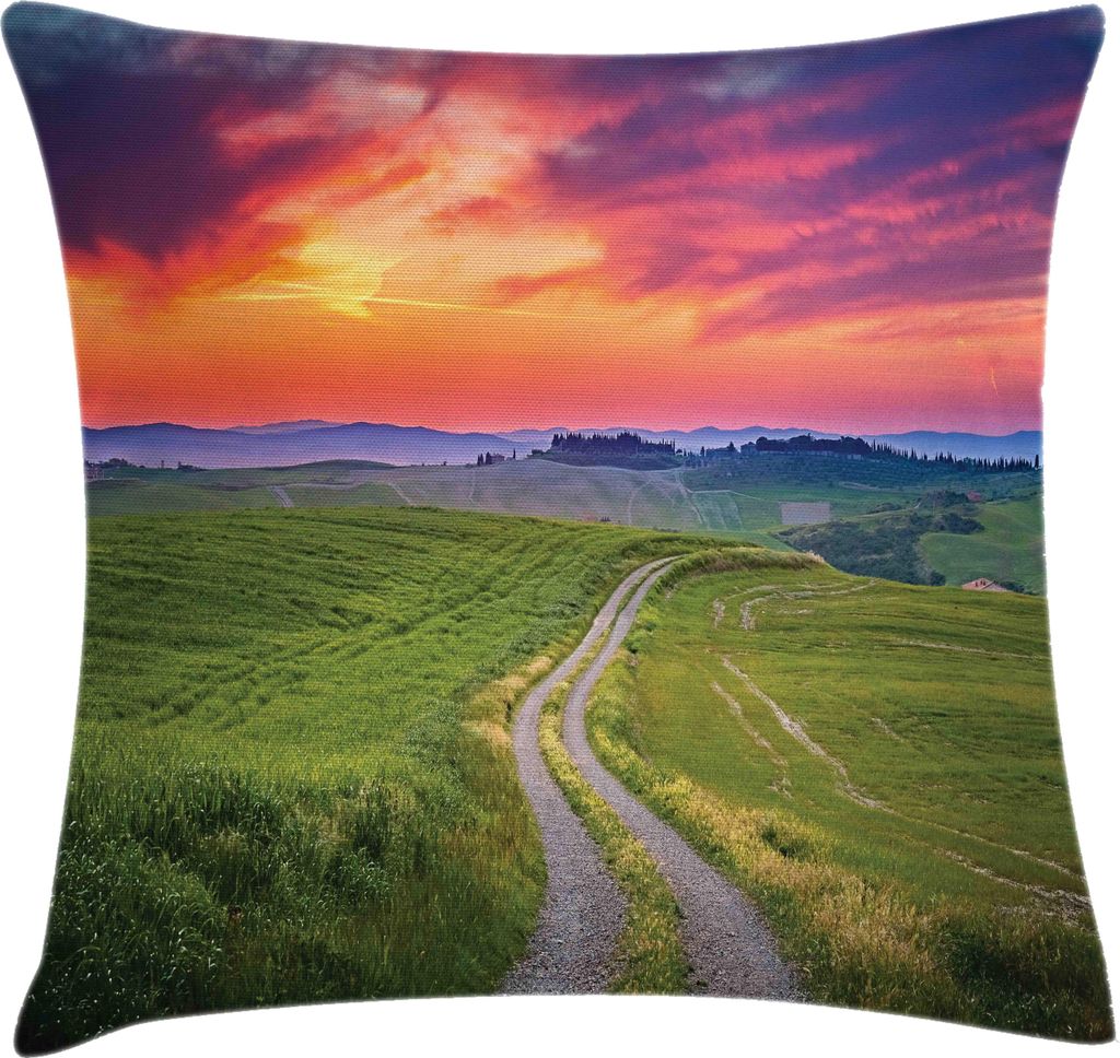 ABAKUHAUS Scenic Sommer Kissenbezug, Toskana Ländliches Motiv mit Tangerine tonte Himmel, 40 x 40 cm, Burnt Sienna Mehrfarbig