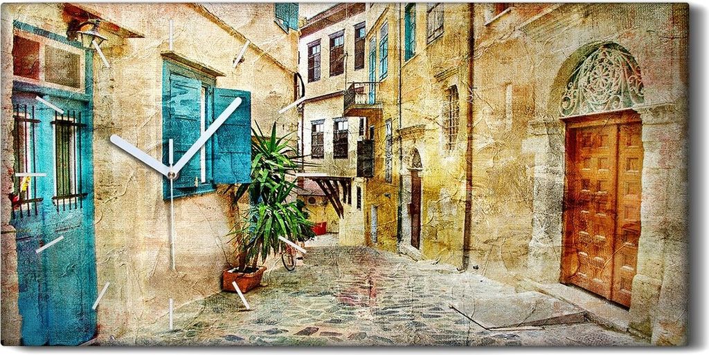 Wanduhr Bürouhr Leinwand Bild 60x30 Malerei Stadt Gebäude Türen Fenster Kunst - weiße Hände