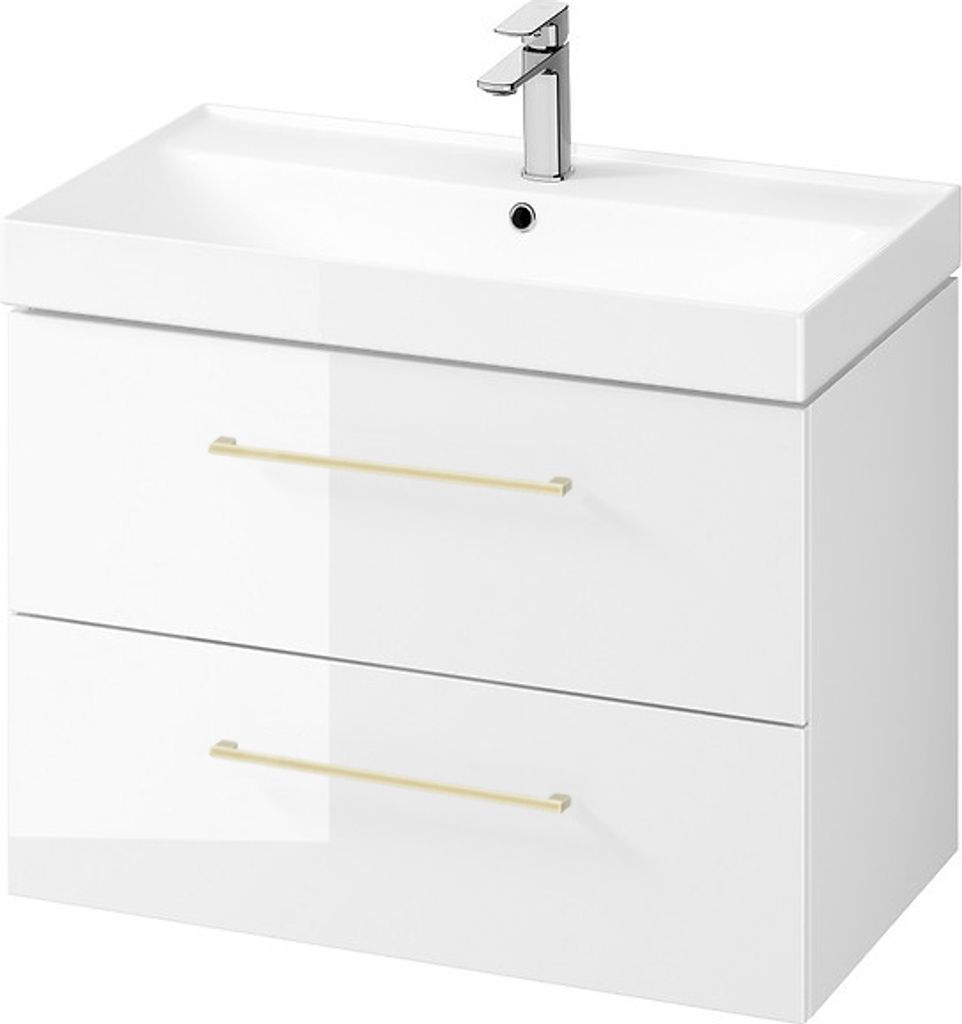 BADLAND Badmöbel Set Badezimmerschrank mit Keramikwaschbecken, 2-Schubladen LARGA 80 Weiß, 2x Golden Möbelgriffe