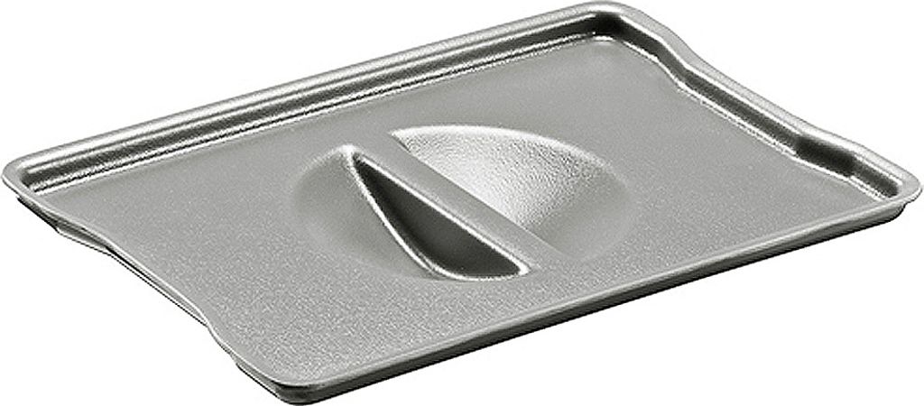 A close-up, studio shot of a gray rectangular lid with a raised, curved indentation in the center, on a white background.