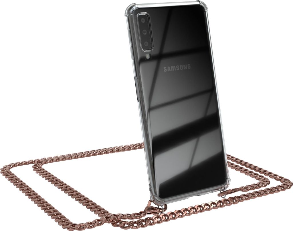 EAZY CASE Metall Handykette für Samsung Galaxy A7 2018, Handyhülle mit Umhängeband, Silikonhülle, Metallkette für Smartphone in Rosa
