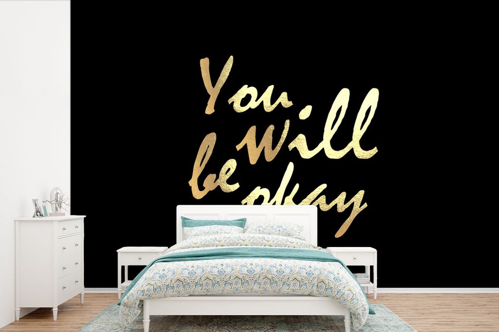 MuchoWow Fototapete für Wohnzimmer oder Schlafzimmer Wandtapete Vinyl Motivtapete Zitat - Motivation - Gold - Schwarz - 450x300 cm - Gemusterte