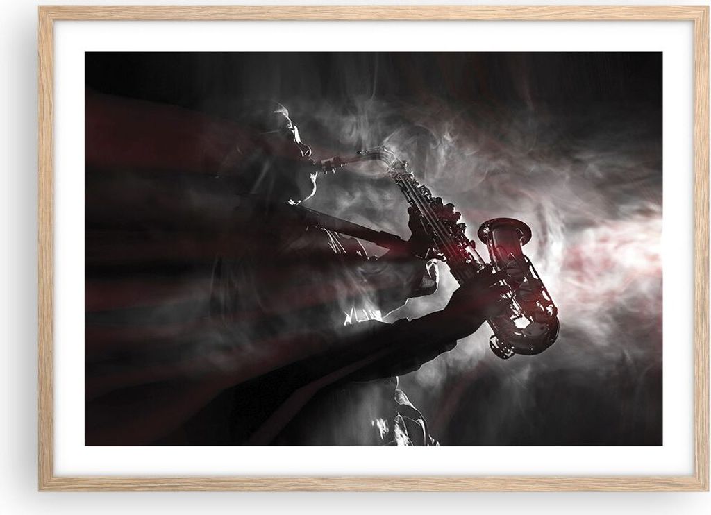 Gerahmtes Poster - Rahmen in heller Eiche - Musiker Saxophonist Schwarz - 70x50 cm - Wand Bild - Wanddeko - Wandbilder - Wandposter - Bilderrahmen ...