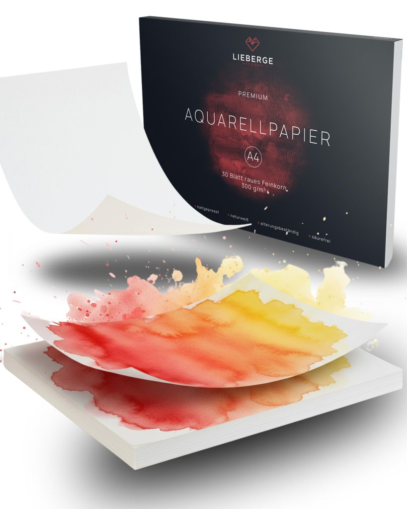 LIEBERGE Premium Aquarellpapier A4 300g – Germany – 30 Blatt Aquarellblock verleimt – naturweißes Malpapier für Wasserfarben