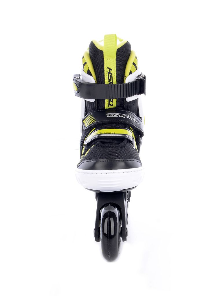 A front view of a single inline skate against a white background.