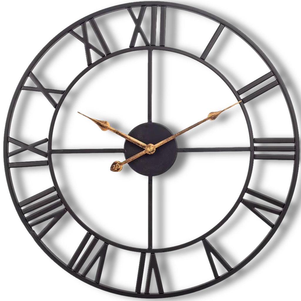 HSXL - Große Wanduhr Schwarz mit goldenen Zeigern - 60cm Produktbild 
