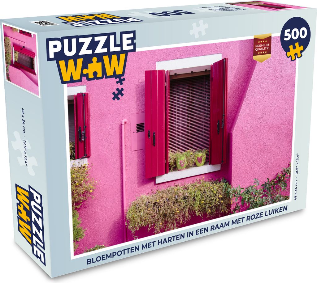 MuchoWow Puzzle 500 Teile Blumentöpfe mit Herzen in einem Fenster mit rosa Fensterläden - 500 Teile - Kinder - Selberbauen - Puzzlespiele
